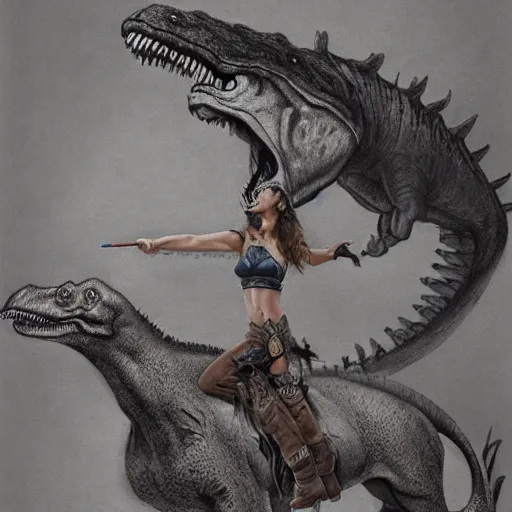 Image similar to a pencil sketch of a pinup girl wearing a cowboy hat riding a tyrannosaurus rex, adonna khare, fine detail, high resolution