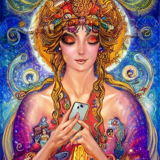 Image similar to a zodiac goddess checking her cell phone by senior concept artist josephine wall, acrylic on canvas, intricately detailed, high resolution trending on artstation