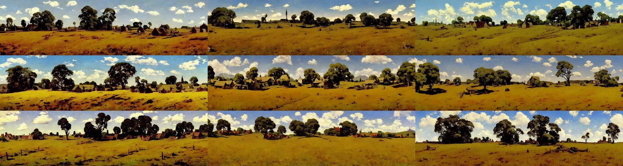 Prompt: old village, field of grass, daytime, ground broken, noon, oil painting landscape by frazetta