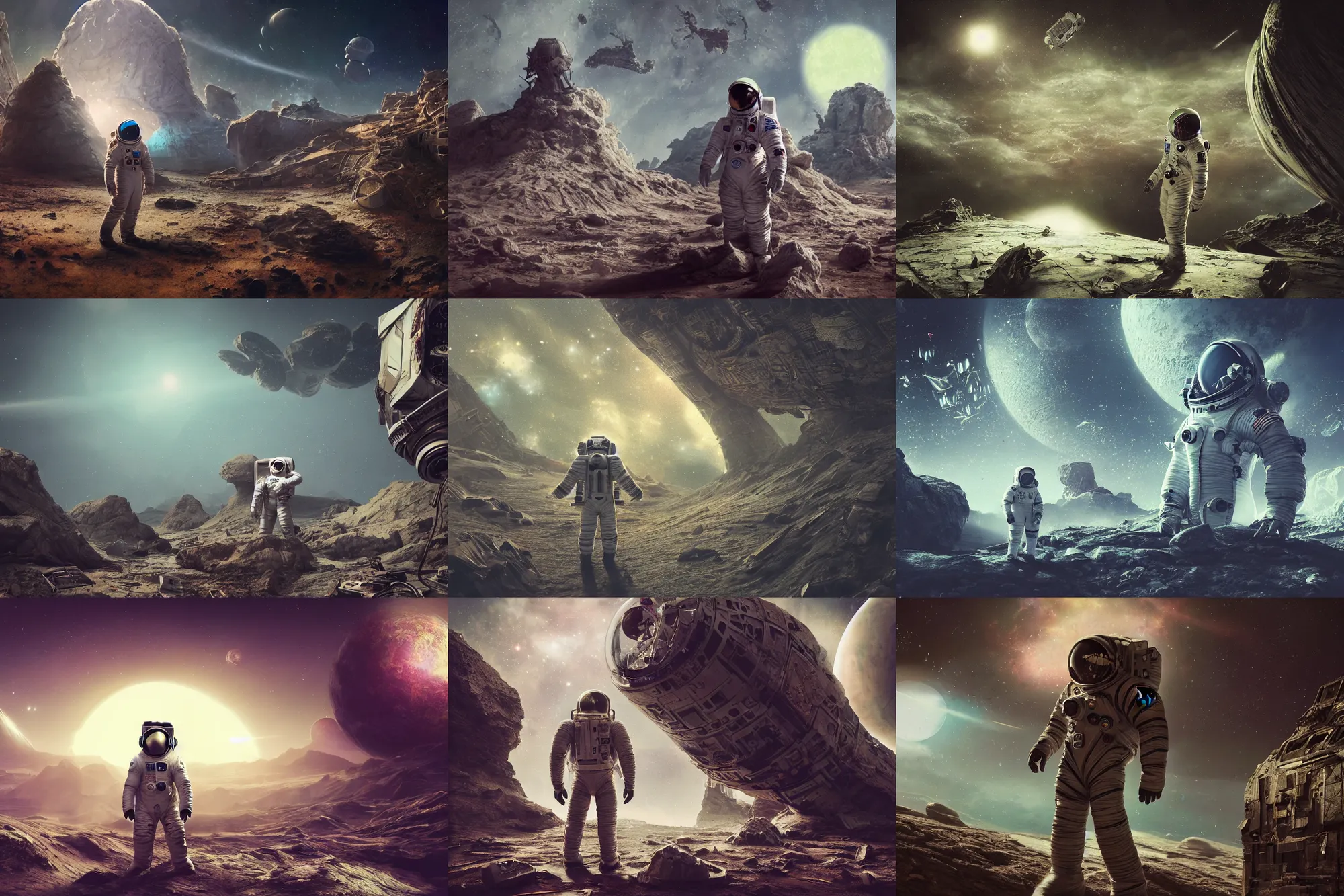 Prompt: photograph of an astronaut an abandoned fallen planet, fallen kingdom city ruins, science fiction space suit, cinematic, hypermaximalist, detailed, 4k, breathtaking stars, surrealism, distant, concept art, digital art, sharp focus, reflections, RTX, octane render, acid pixie, Trending on DeviantArt