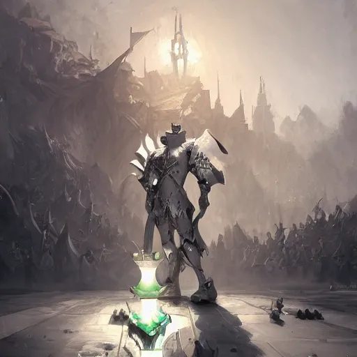 Image similar to a giant white chess knight piece, knight chess, glowing chess knight, chess knight, chess knight, chess knight, battlefield background, bright art masterpiece artstation. 8 k, sharp high quality artwork in style of jose daniel cabrera pena and greg rutkowski, concept art by tooth wu, hearthstone card game artwork, chess knight