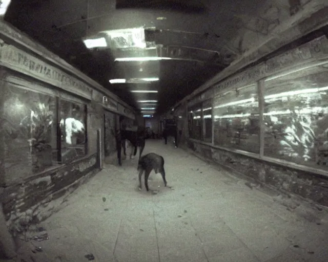 Image similar to camera footage of a Several Aggressive Feral Black Wolves with severe late stage rabies Chasing a young woman in an abandoned shopping mall, high exposure, dark, monochrome, camera, grainy, CCTV, security camera footage, timestamp, zoomed in, Creepy, Feral, fish-eye lens, Rabid, Dire Wolf, Nightmare Fuel, Wolf, Evil, Bite, Motion Blur, horrifying, lunging at camera :4