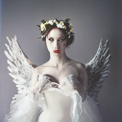 Image similar to realistic bride expired kodak film full body portrait of an angel performer,, hyperrealism, hypermaxiymalism, photorealistic, detailed, atmospheric, 8 k, award winning photography, cinematic