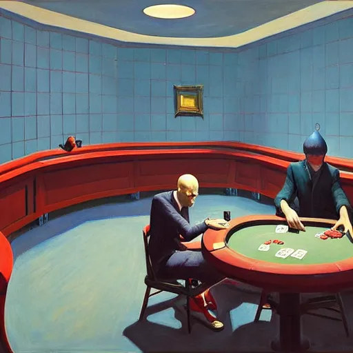 Image similar to Poker room, very coherent, painted by Edward Hopper, Wayne Barlowe, painted by James Gilleard, airbrush, art by JamesJean