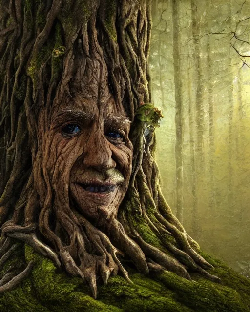Image similar to a talking oak tree, a face in the bark, nose made of wood, eyes in the bark, fantasy concept art, leaves and moss, digital painting, oil painting, hyperrealistic, beautiful, treebeard, ent, highly detailed, soft lighting, golden sunlight, very detailed eyes, artstation, cgsociety, in the forest, by alan lee, by artgerm