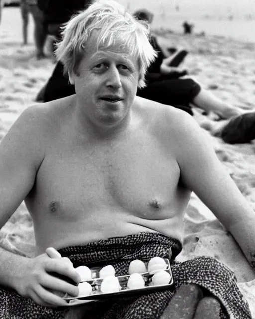 Image similar to film still close - up shot of boris johnson on the beach and drinking a beer with chocolate biscuits from the movie monty python's the meaning of life. photographic, photography