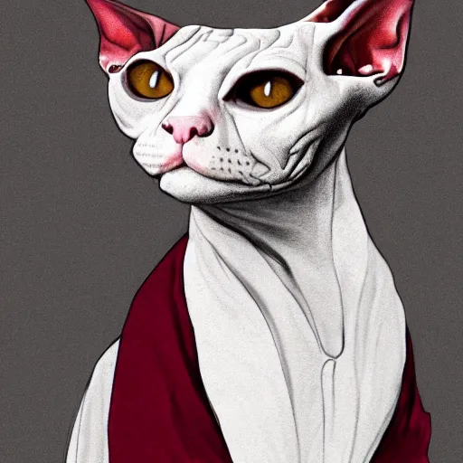 Image similar to a portrait of a humanoid sphynx cat wearing a maroon hoodie, digital art