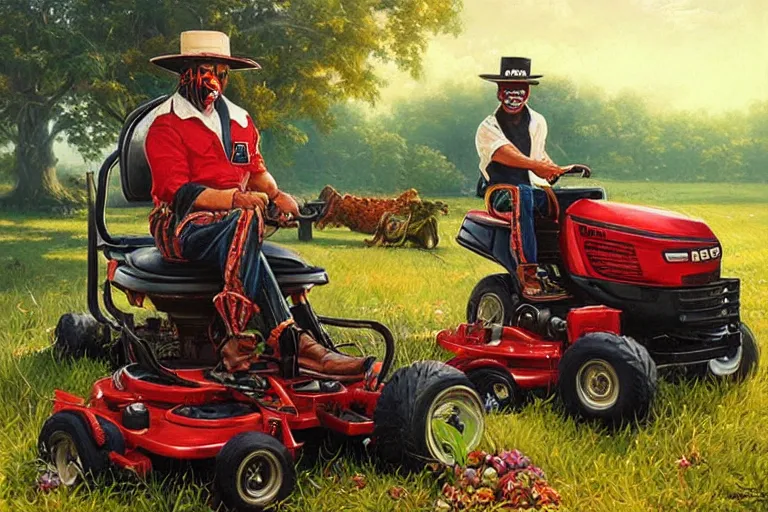 Image similar to portrait of wwf papa shango riding a lawn mower, an oil painting by ross tran and thomas kincade