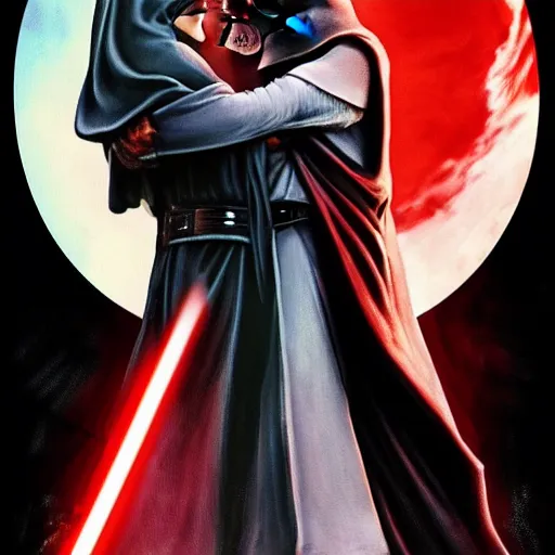 Image similar to obi wan hugging darth vader, artstation hall of fame gallery, editors choice, #1 digital painting of all time, most beautiful image ever created, emotionally evocative, greatest art ever made, lifetime achievement magnum opus masterpiece, the most amazing breathtaking image with the deepest message ever painted, a thing of beauty beyond imagination or words, 4k, highly detailed, cinematic lighting