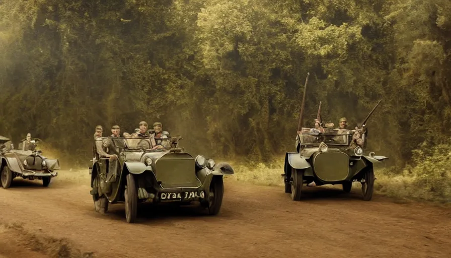 Image similar to british army driving a car in 1921 in kerala forest road, tribe members attacking, action scene, an epic fantasy, dramatic lighting, cinematic, establishing shot, extremely high detail, photorealistic, cinematic lighting, artstation, matte painting by christopher nolan, horizon forbidden west