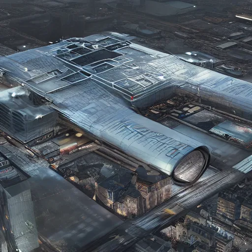 Image similar to Kazimierz Malewicz sci-fi motherboard airport view from above structure and digital billboard point cloud in the middle, unreal engine 5, keyshot, octane, artstation trending, ultra high detail, ultra realistic, cinematic, 8k, 16k, in style of zaha hadid, in style of nanospace, in plastic, dark, tilt shift,