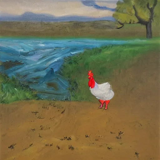 Prompt: a chicken next to a stream oil painting
