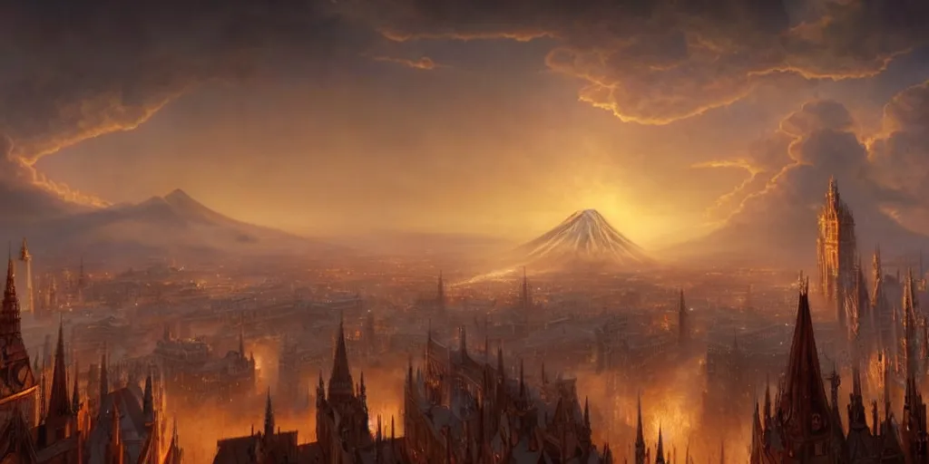 Prompt: beautiful gold fantasy city made from white stone and bright copper built on a volcano, misty, red sky, medieval city, metropolis, magic, gorgeous clouds, white marble, god rays, digital art, landscape, fantasy art, octane render, ureal engine, high detail, very realistic, by greg rutkowski. by james gurney