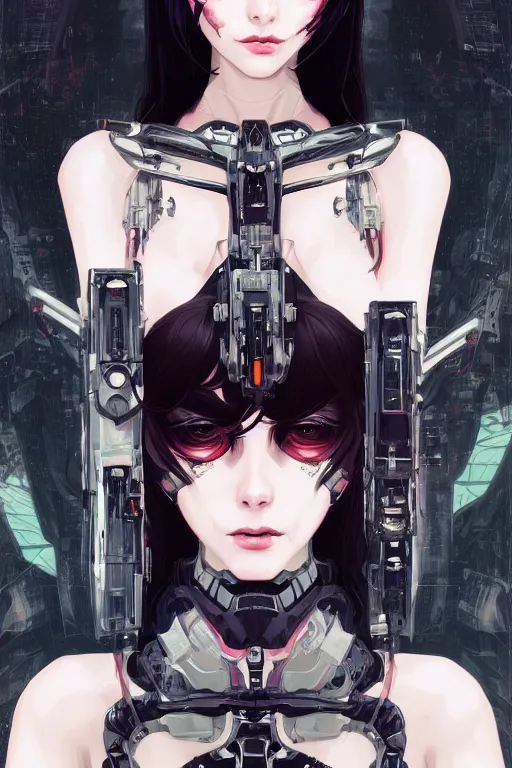 Image similar to portrait of beautiful young gothic cyborg anime maiden. cyberpunk, Warhammer, highly detailed, artstation, illustration, art by Ilya Kuvshinov and Gustav Klimt