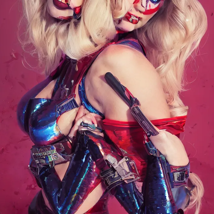 Image similar to portrait of Kate Upton as a harley quinn. intricate abstract. intricate artwork. by Tooth Wu, wlop, beeple, dan mumford. octane render, trending on artstation, greg rutkowski very coherent symmetrical artwork. cinematic, hyper realism, high detail, octane render, 8k, iridescent accents