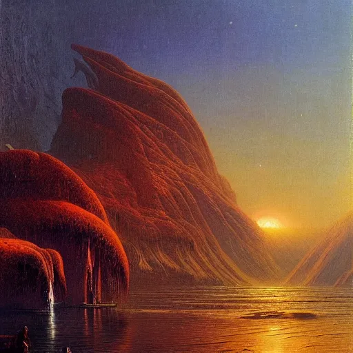 Prompt: world of bruce pennington, beautiful extremely detailed landscape oil on canvas in the style of 1 9 th century hudson river school of art