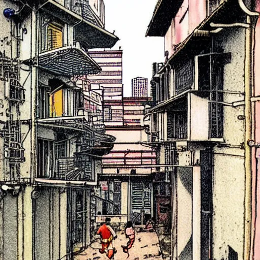 Image similar to a man running down an alley in hong kong, art by moebius