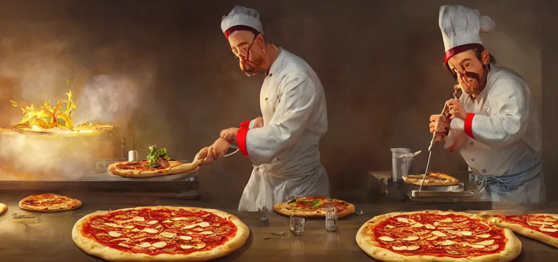 Prompt: a chef operating on a pizza using pipettes and weird tools, happy chef, experimenting, jars, colorful, magic, 8k, james gurney, greg rutkowski, john howe, artstation