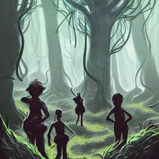 Image similar to a group of people standing in a dark forest, attacked by tentacles, concept art, 2 d game art