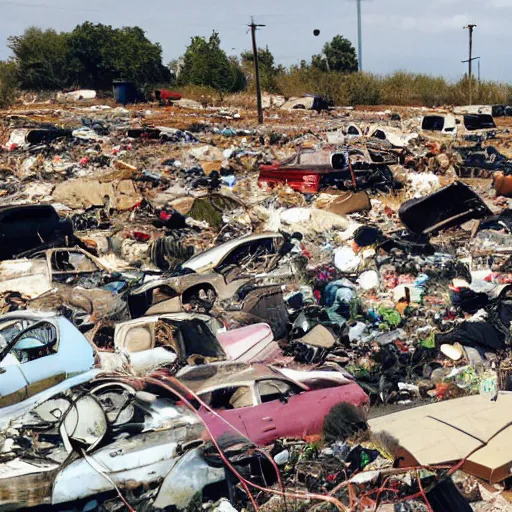 Prompt: view from ground level of a landscape full of junkyards, garbage heaps and recycled electronic gear all covered in a thin layer of transparent strawberry jelly