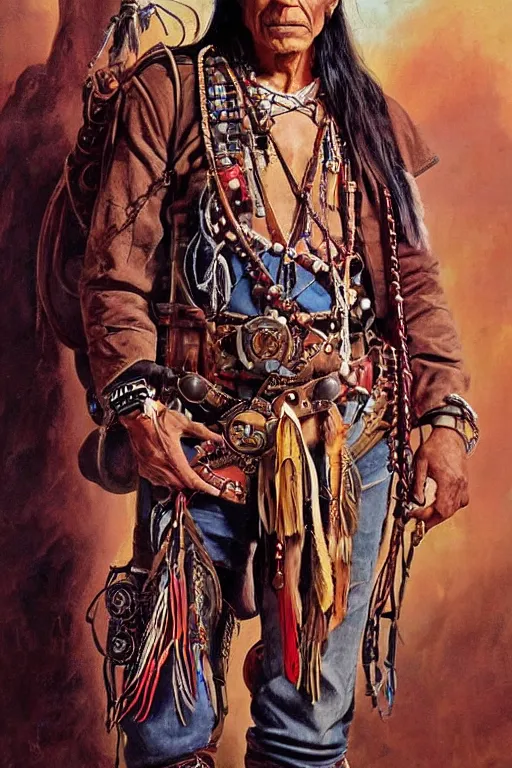 Prompt: thin native american indian man in his early 3 0 s, wearing traditional cargo buckskin jacket buckskin tactical toolbelt pockets bandolier full of trinket and baubles, steampunk arcane shaman, deadlands, weird western, by steve henderson, sandra chevrier, alex horley