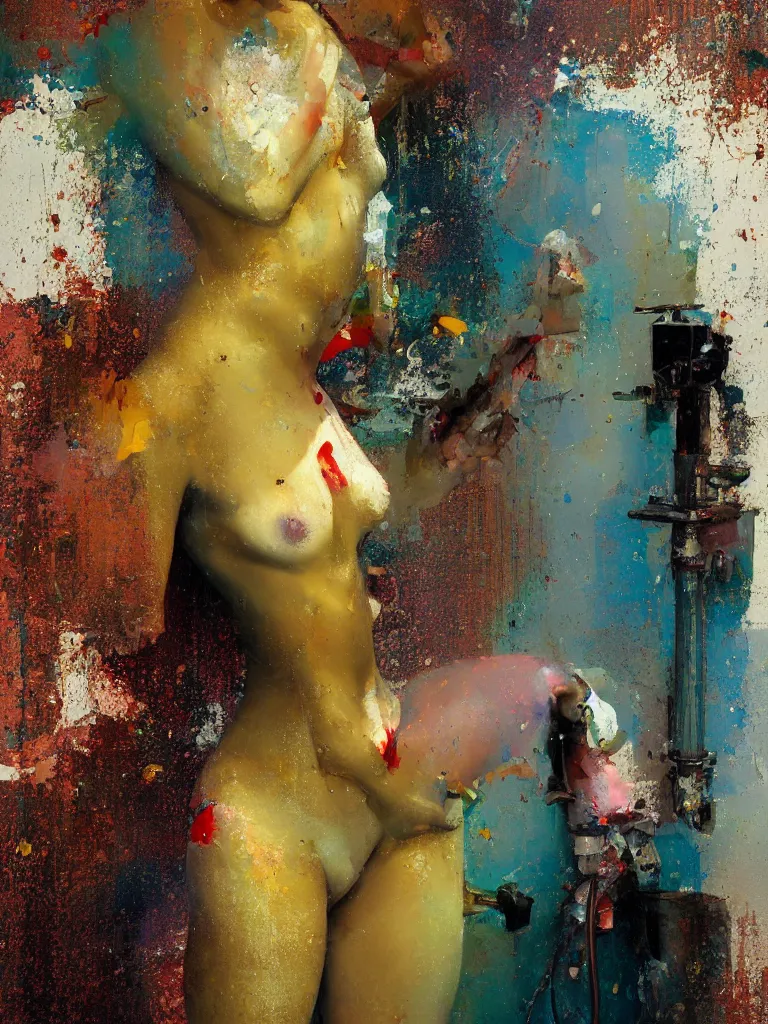 Prompt: a beautiful painting by robert proch and christian hook of a woman taking a shower in a glitched bathroom, metal rust and plaster materials, pixel sorting, color bleeding, brushstrokes by jeremy mann