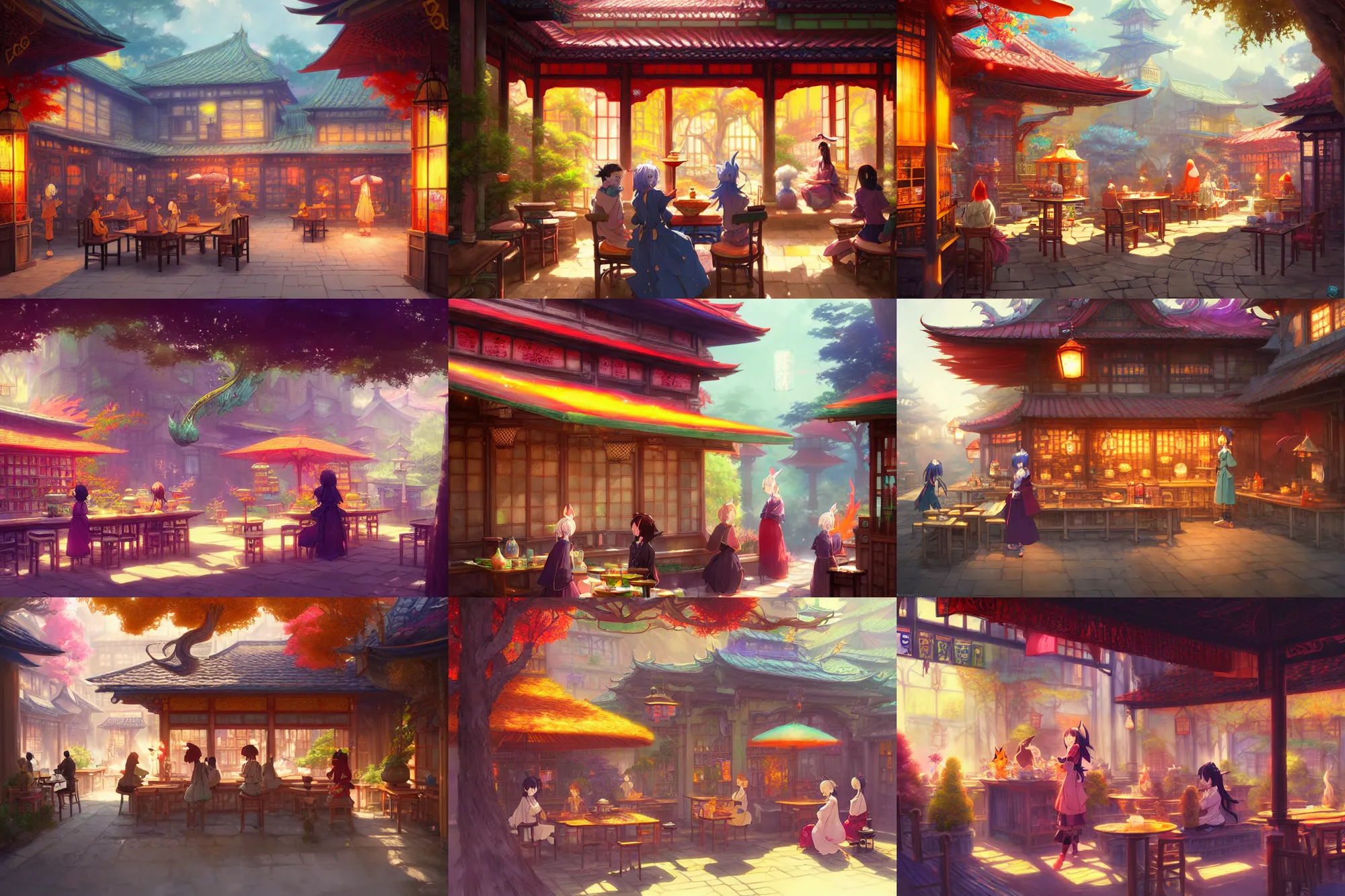 Prompt: tea shop in the courtyard of a colorful kitsune wizard college, anime, a fantasy digital painting by greg rutkowski and james gurney, trending on artstation, highly detailed