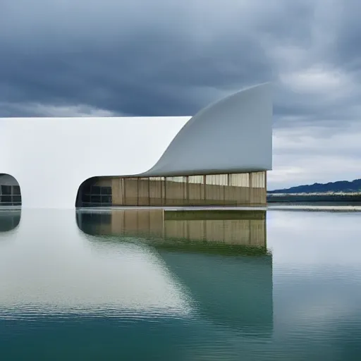 Prompt: a beautiful white art museum building in the shape of a cloud on the surface of the lake. the interior is luminous. it was created by tadao ando and yoshima