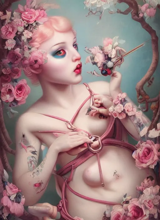 Prompt: pop surrealism, lowbrow art, realistic seductive cute woman painting, pink body harness, japanese shibari with blue flowers, hyper realism, muted colours, rococo, natalie shau, loreta lux, tom bagshaw, mark ryden, trevor brown style,