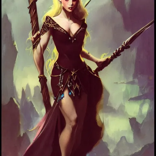 Image similar to elven princess character portrait by frank frazetta - wearing a dress, holding a staff, fantasy, dungeons & dragons, sharp focus, beautiful, artstation contest winner, detailed