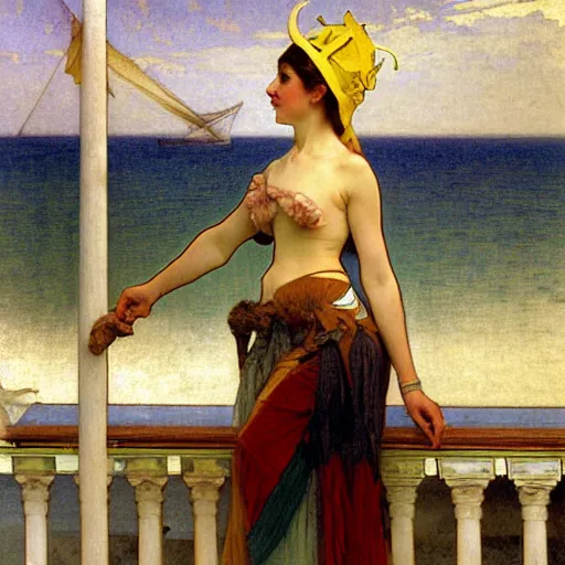 Image similar to A girl with jester hat and clothes on a greek archi circle on the front of a Balustrade with a beach and a sail boat on the background, major arcana cards, by alphonse mucha and arnold böcklin arnold böcklin arnold böcklin, paul delaroche, hyperrealistic 8k, very detailed