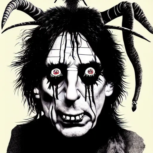 Image similar to graphic illustration, creative design, alice cooper as a goat, biopunk, francis bacon, highly detailed, hunter s thompson, concept art