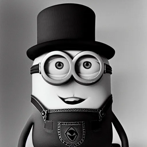 Image similar to A high quality black and white photo of the world's most infamous, serial killer, a minion named Minion the Ripper, shortly after claiming his last victim circa 1892.