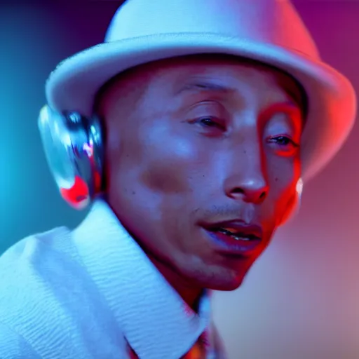 Image similar to cinematic film still of Pharrell Williams Making A Beat with an anthropomorphic alien, Japanese VFX, 2018, 400mm lens, f1.8, shallow depth of field,film photography