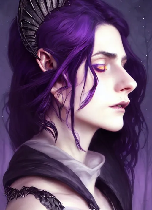 Image similar to side portrait dark witch, adventurer outfit large cloak, fantasy forest landscape, dragon scales, fantasy magic, undercut hairstyle, short purple black fade hair, dark light night, intricate, elegant, sharp focus, illustration, highly detailed, digital painting, concept art, matte, art by WLOP and Artgerm and Greg Rutkowski and Alphonse Mucha, masterpiece