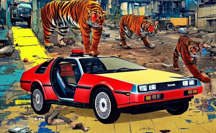 Image similar to a red delorean and a yellow tiger in ajegunle slum of lagos - nigeria, painting by hsiao - ron cheng, utagawa kunisada & salvador dali, magazine collage style,