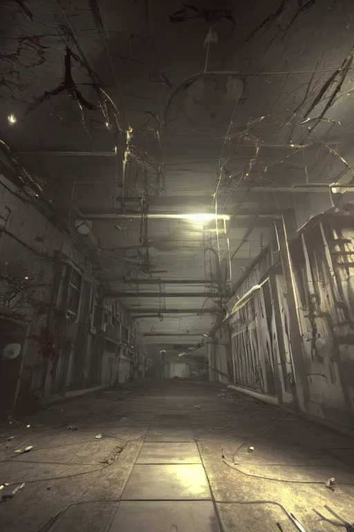 Prompt: screenshot from horror fps, biomechanical first person weapon, dilapidated factory level, unreal engine, had 8 k