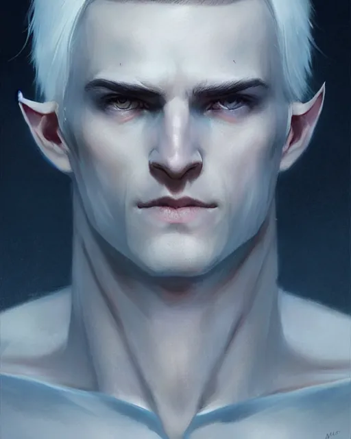Image similar to character portrait of a slender young half elven man with white hair, piercing bright blue eyes, and pale blue skin, by greg rutkowski, mark brookes, jim burns, tom bagshaw, trending on artstation