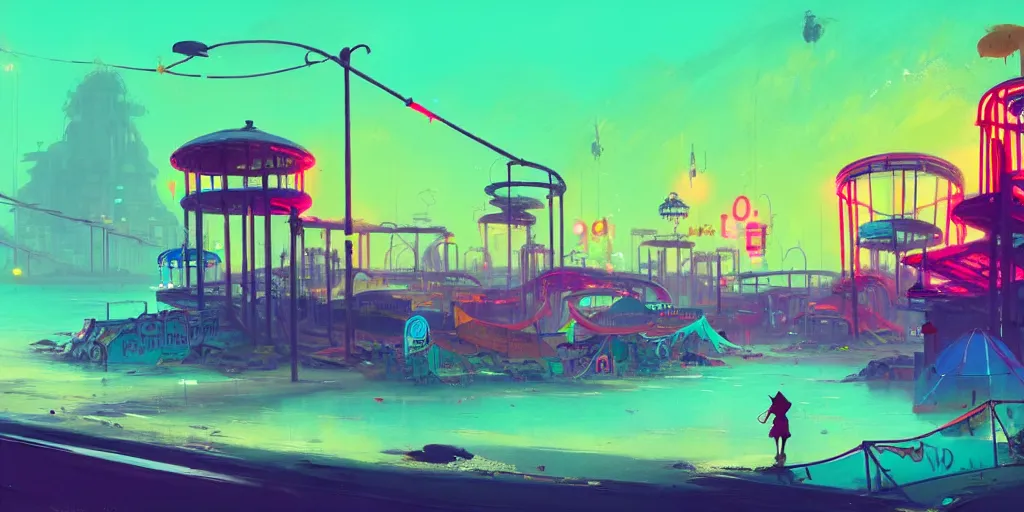 Image similar to concept art of a polluted beachfront with a broken pier and abandoned amusement park attractions, grimy, gritty, trending on artstation, award winning painting, cgi, art by anton fadeev and john howe and simon stalenhag