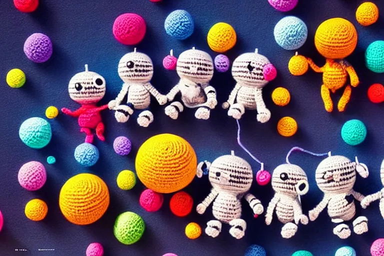 Image similar to a group of three crochet cute astronauts climbing a yarn wall. cute, illustration, digital art, inspired by little big planet, by greg rutkowski, detailed, sharp, masterpiece, highly detailed, photorealistic, octane render, 8 k, unreal engine 5, trending on artstation, vivid colors, cinematic, close up