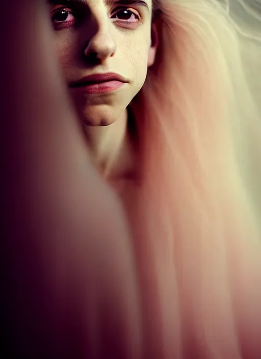 Image similar to portrait photography of a beautiful woman, in fine art photography style of Giovanni Gastel , brit marling style 3/4 , natural color skin pointed in rose, the hair is like stormy clouds, full body dressed with a ethereal transparent voile dress, elegrant, 8K, soft focus, melanchonic soft light, volumetric dramatic lighting, highly detailed Realistic, hyper Refined, Highly Detailed, natural point rose', outdoor soft lighting, soft dramatic lighting colors scheme, soft blur lighting, fine art fashion photography