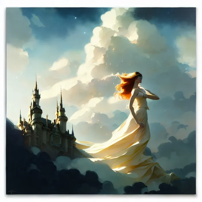 Image similar to style artgerm, joshua middleton, jeremy lipking, soft castle in the sky white with gold, majestic spires, clouds swirling, detailed, sky setting, volumetric lighting