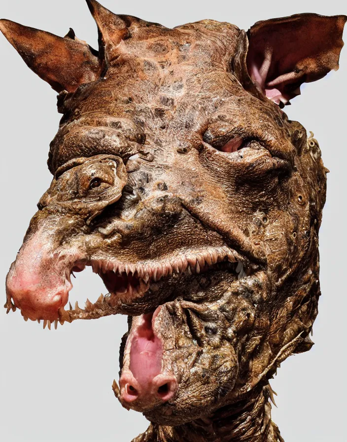 Image similar to high resolution photo portrait of muscular animal human merged head skin ears, background removed, scales skin dog rat, alligator cat merged bird head cow, chicken face morphed fish head, gills, horse head animal merge, morphing dog head, animal eyes, merging crocodile head, anthropomorphic creature