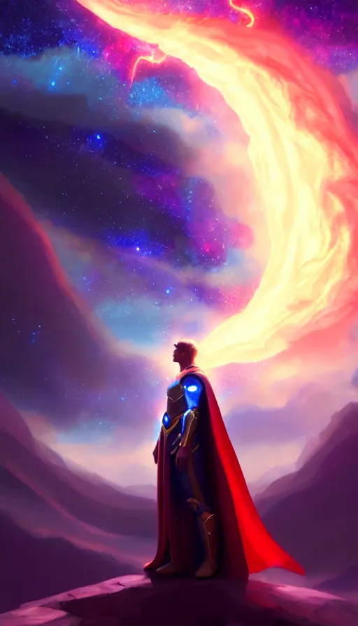 Image similar to celestial god with a cape, epic scene, colors, holy, full body, galaxy, and, stars, atmosphere, unreal engine, pixar, video game, ethereal, insanely, detailed, volumetric, symmetrical, concept art, charlie bowater, unreal engine, artstation, cinematic, video game, digital painting, artist maena