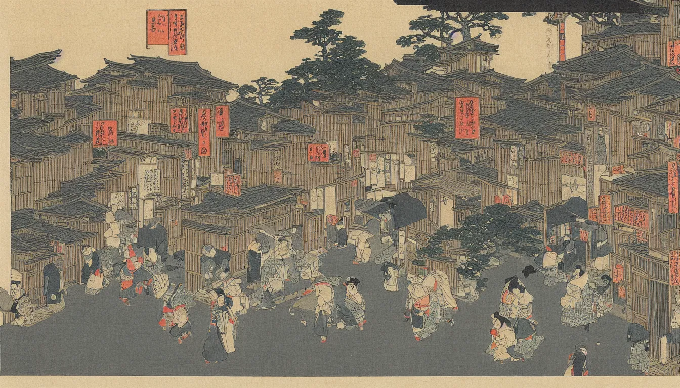 Image similar to old street scene in japan hokusai