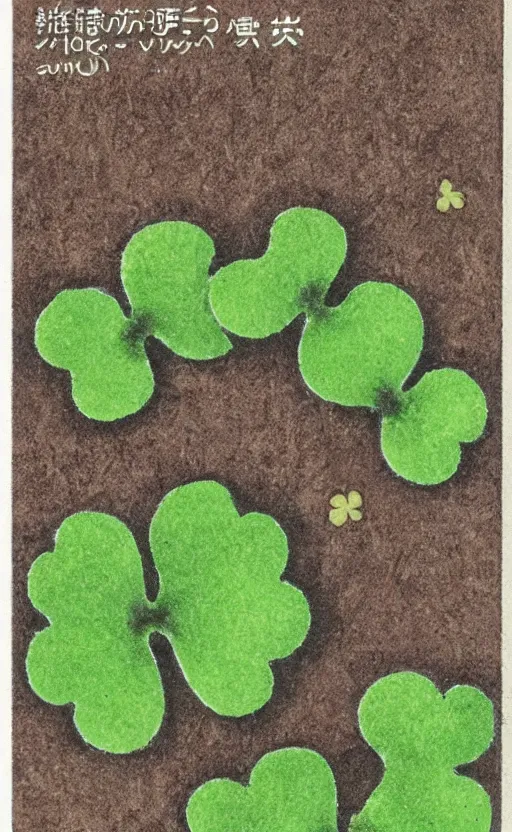 Image similar to by akio watanabe, manga art, 3 leaf clover on the soil, trading card front