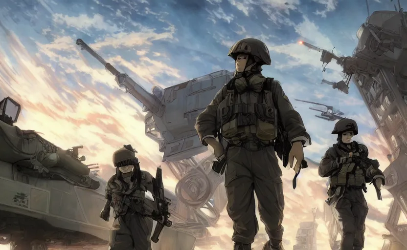 Prompt: anime style, modern warfare, panoramic view, searchlights in background, soldier clothing, hair down, real faces, symmetrical facial features, from arknights, hyper realistic, wallpaper, detailed drawing, trending pixiv, safebooru, d & d, realistic lighting, by alphonse mucha, greg rutkowski, sharp focus, backlit, mechanized transport