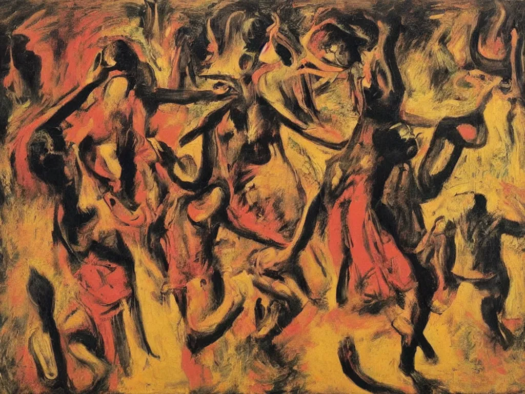 Prompt: surreal, tribal dance, art by willem de kooning, gustave courbet