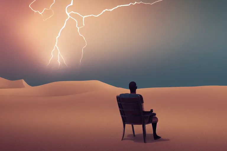 Image similar to a man is sitting on the chair in the desert and his arms and legs are melting, surreal, 4k, ultra details, cinematic, epic style, beautiful photo, hyper realistic, octane render, unreal engine, award winning, on artstation, volumetric lightning, masterpiece, golden hour,