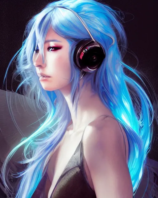 Image similar to stunningly beautiful female dj, blue hair, dj sura, dragon tattoo on her back, laser lights, sharp focus, digital painting, 8 k, concept art, art by wlop, artgerm, greg rutkowski and alphonse mucha